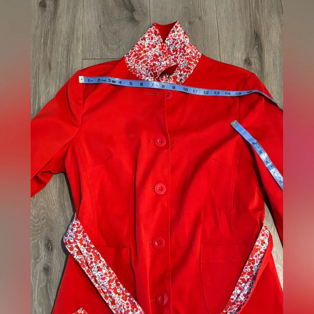 liberty Art Fabric Red Trench Coat with Floral Trim. Size M - Picture 6 of 10